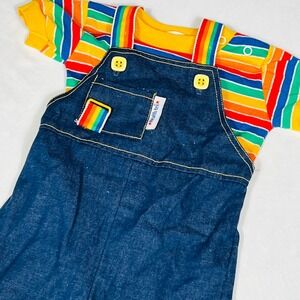 Vintage Health-tex Rainbow Striped Shirt and Denim Overalls Set 9 Months USA